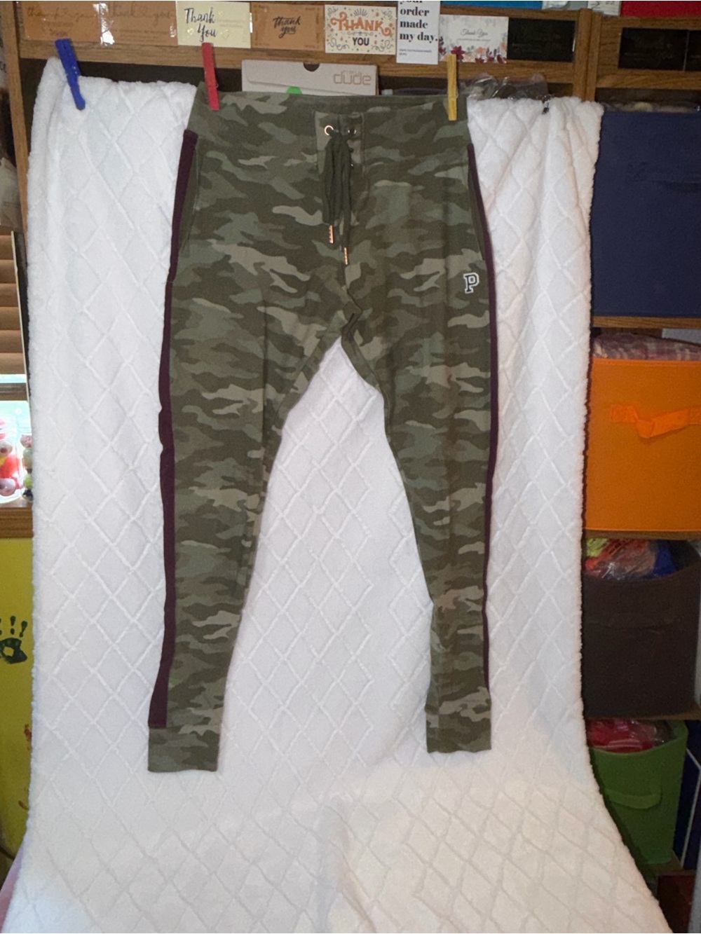 PINK Victoria's Secret Olive Camo Joggers with Burgundy Side Stripe